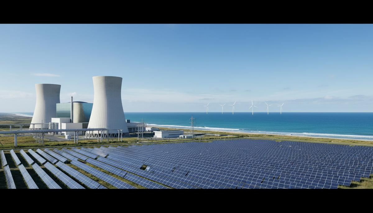 Атомная энергетика: ключевой элемент энергосистемы будущего Европы Современная атомная электростанция на морском побережье рядом с полем солнечных панелей и ветряными турбинами на горизонте.