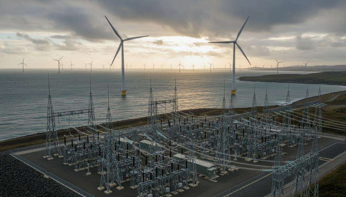 Морская ветряная электростанция с турбинами в море и прибрежная электроподстанция с линиями электропередач.