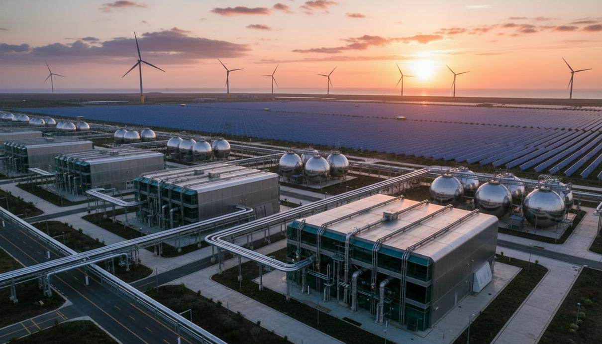Промышленный комплекс по производству зеленого водорода на рассвете. Видны электролизеры, резервуары для хранения, солнечные панели и морская ветряная электростанция на горизонте.