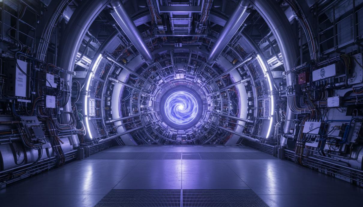 Внутренняя камера термоядерного реактора токамак со сложным оборудованием и светящейся плазмой в центре.