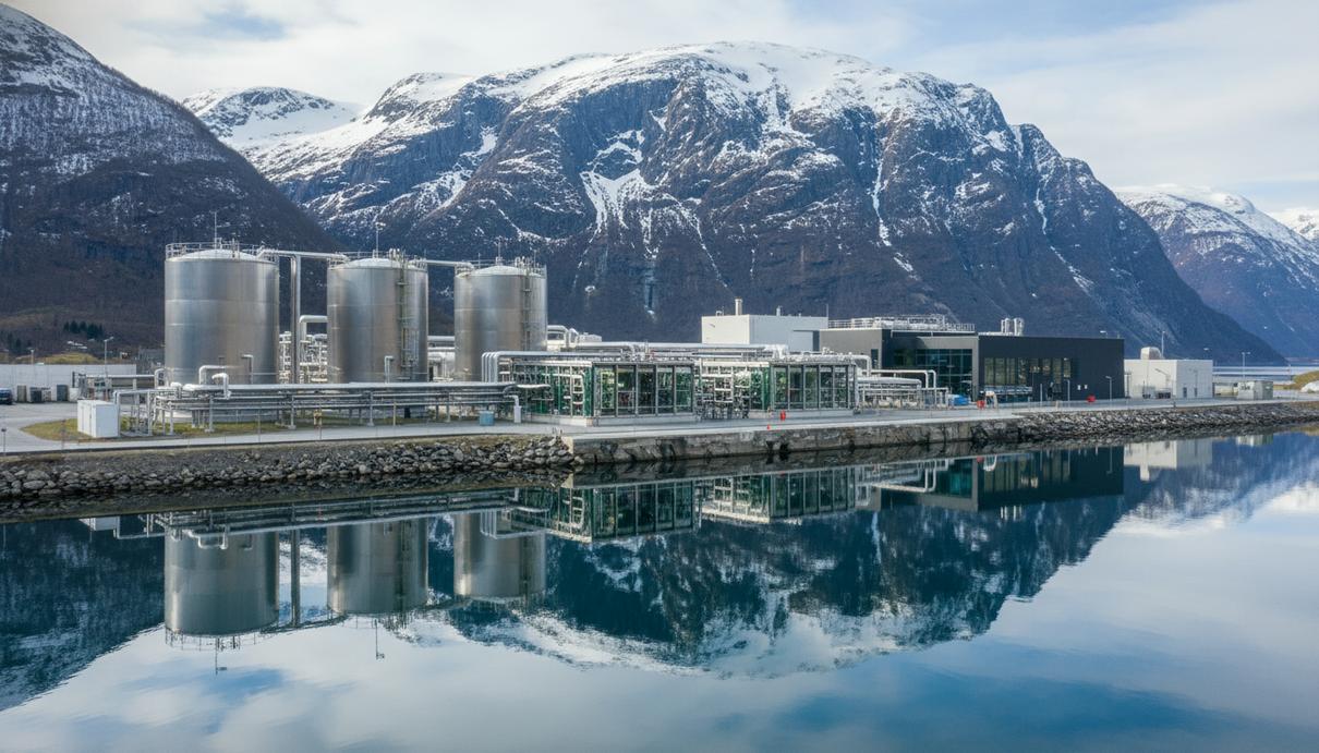 Современный завод по производству водорода с резервуарами и трубопроводами на берегу норвежского фьорда на фоне гор.