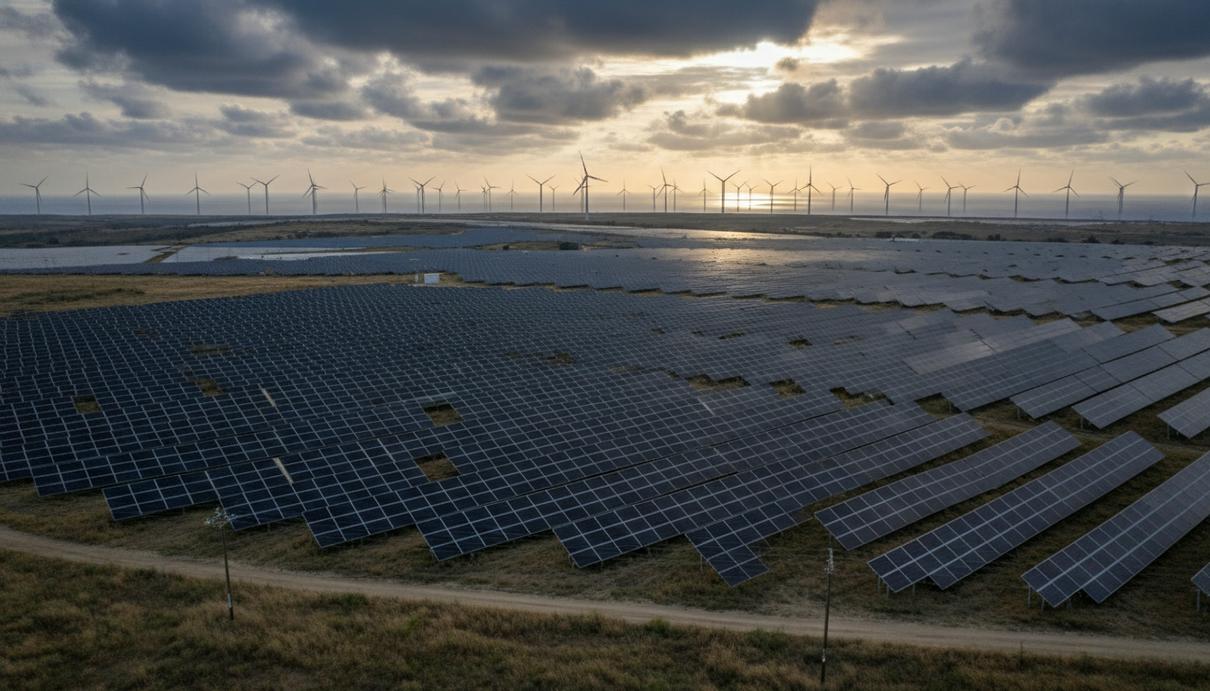 Бескрайнее поле солнечных батарей на побережье и морская ветряная электростанция на горизонте в пасмурный день.