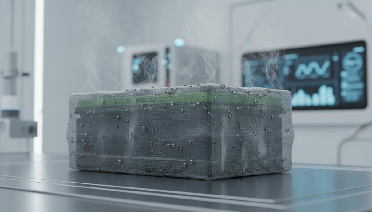 Литий-ионный аккумулятор, покрытый инновационной охлаждающей мембраной с каплями влаги на поверхности в лаборатории.
