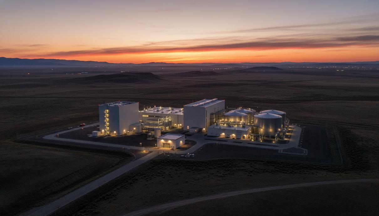 Современная атомная электростанция Natrium с энергоблоками и резервуарами для хранения энергии на фоне равнинного пейзажа Вайоминга на закате.