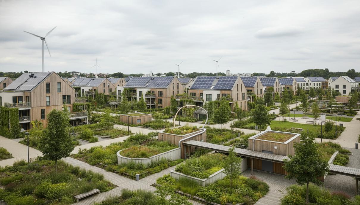 Современный жилой квартал с солнечными панелями на крышах зданий и небольшими ветроустановками на фоне облачного неба.