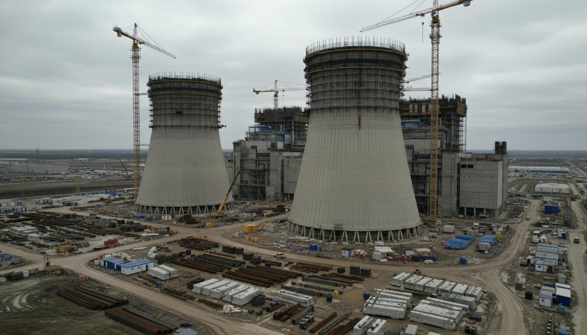Строительство атомной электростанции: высокие бетонные градирни, строящиеся здания реакторов и тяжелые подъемные краны.