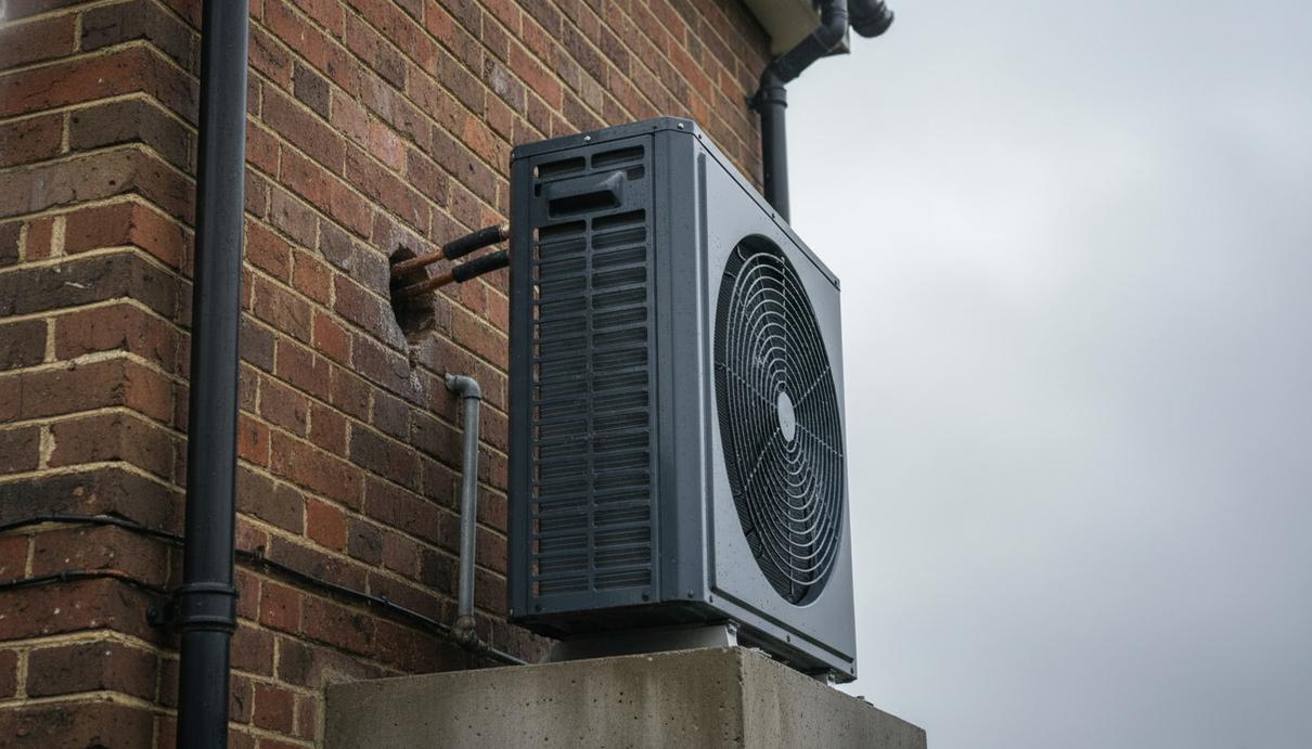 Воздушный тепловой насос, установленный на улице возле кирпичной стены старого жилого дома, с подключенными трубами.