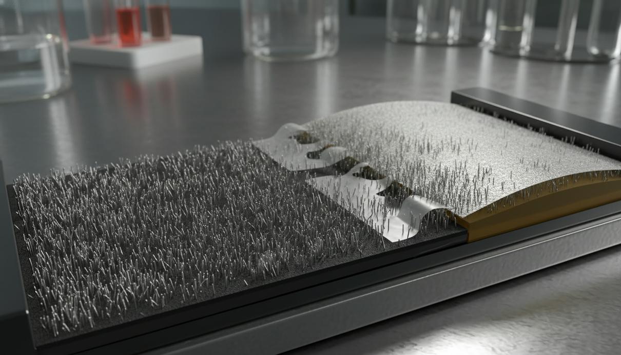 Макроснимок разобранного литий-ионного аккумулятора с тонкими металлическими иглами на поверхности электрода.