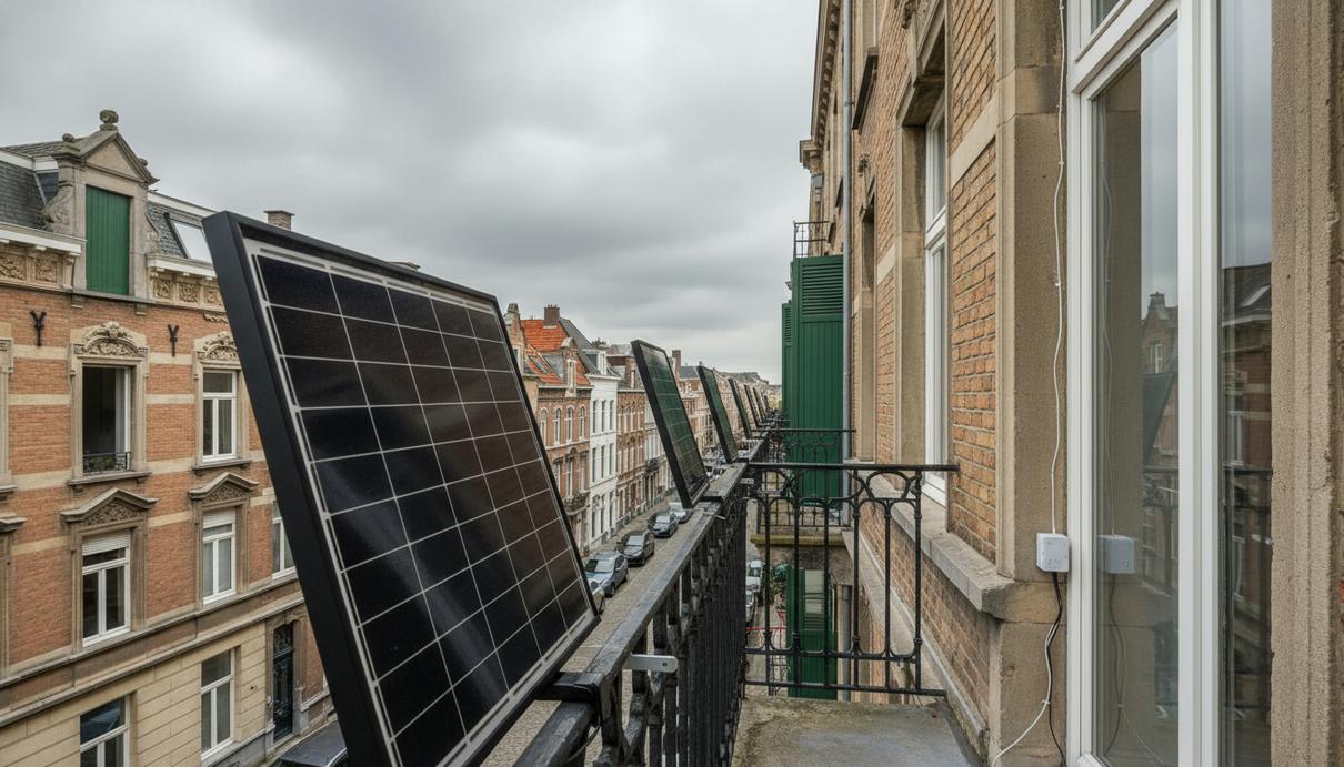 Компактные солнечные панели, закрепленные на ограждении балкона кирпичного многоквартирного дома в пасмурную погоду.