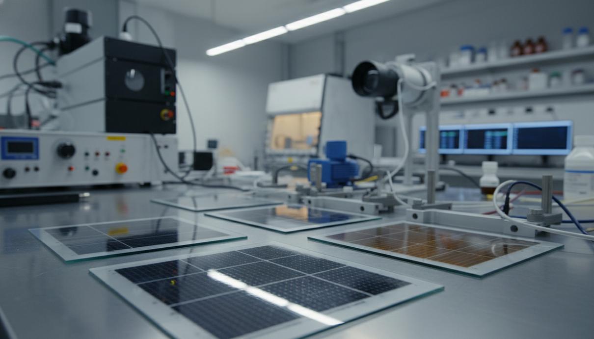 Стеклянные панели с тонкими слоями фотоэлементов на лабораторном столе под мягким искусственным освещением.