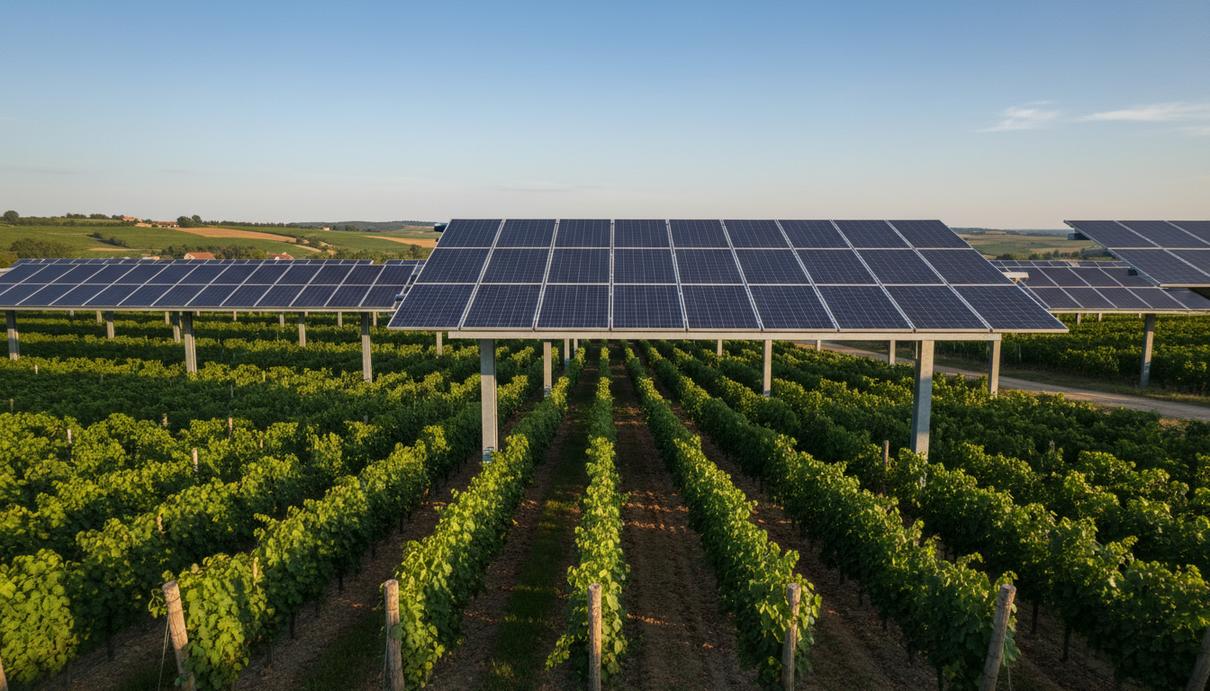 Солнечные панели, установленные на высоких металлических опорах над рядами зеленых виноградников в сельской местности.
