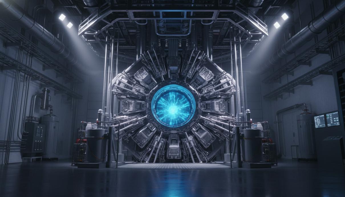 Внутреннее помещение лаборатории с массивным металлическим реактором, сложной системой труб и светящимся синим ядром.