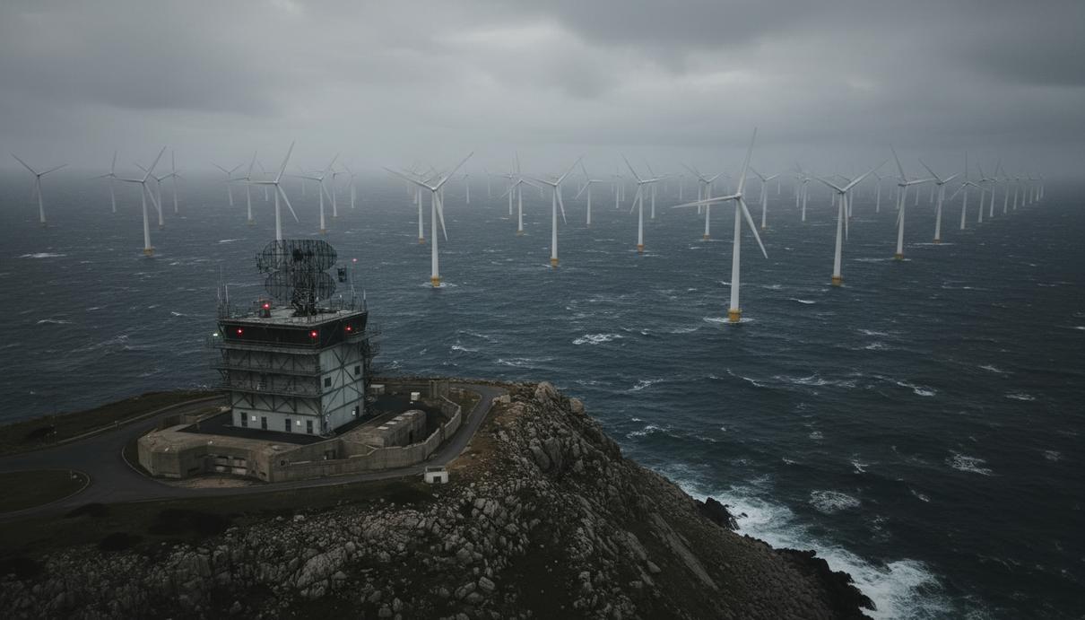 Морской ветропарк с высокими турбинами в океане и современная радиолокационная станция на скалистом берегу.