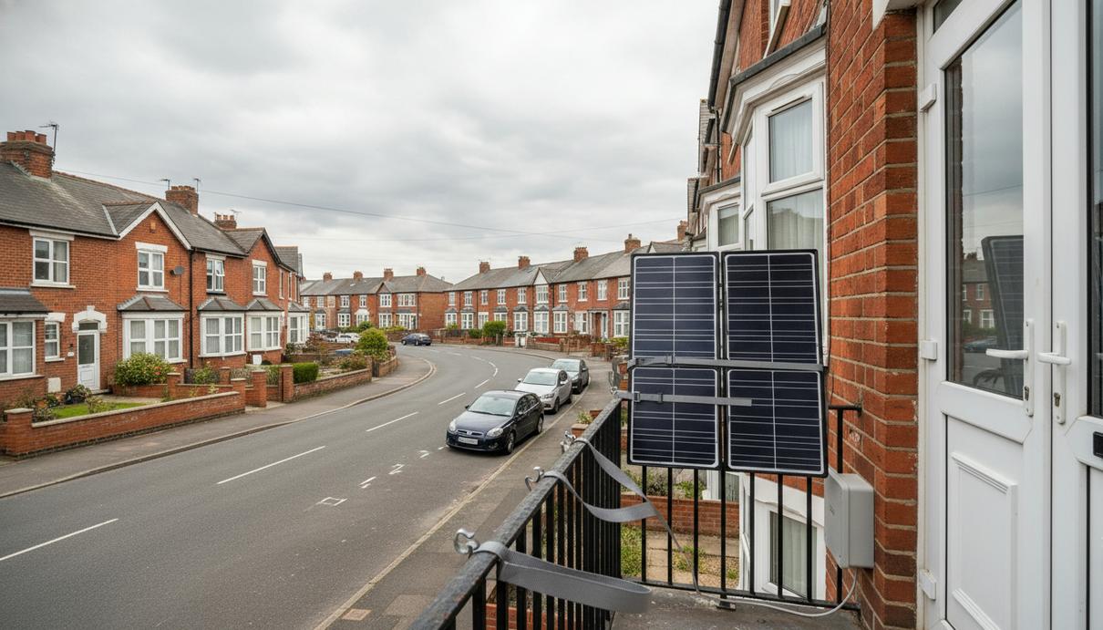 Солнечная панель, закрепленная на кирпичном балконе жилого дома на фоне типичной пригородной улицы в пасмурный день.