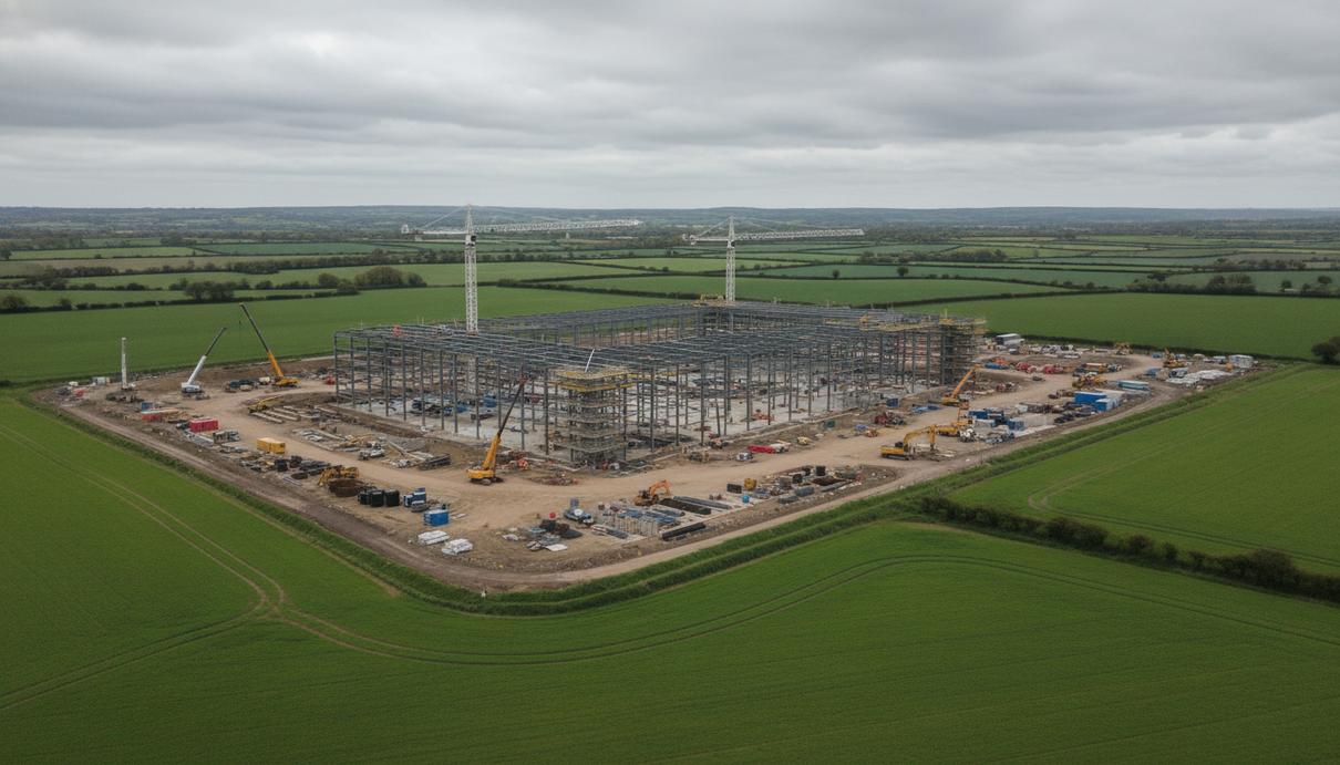 Строящееся промышленное здание завода по выпуску аккумуляторов со стальным каркасом на фоне полей и облачного неба.