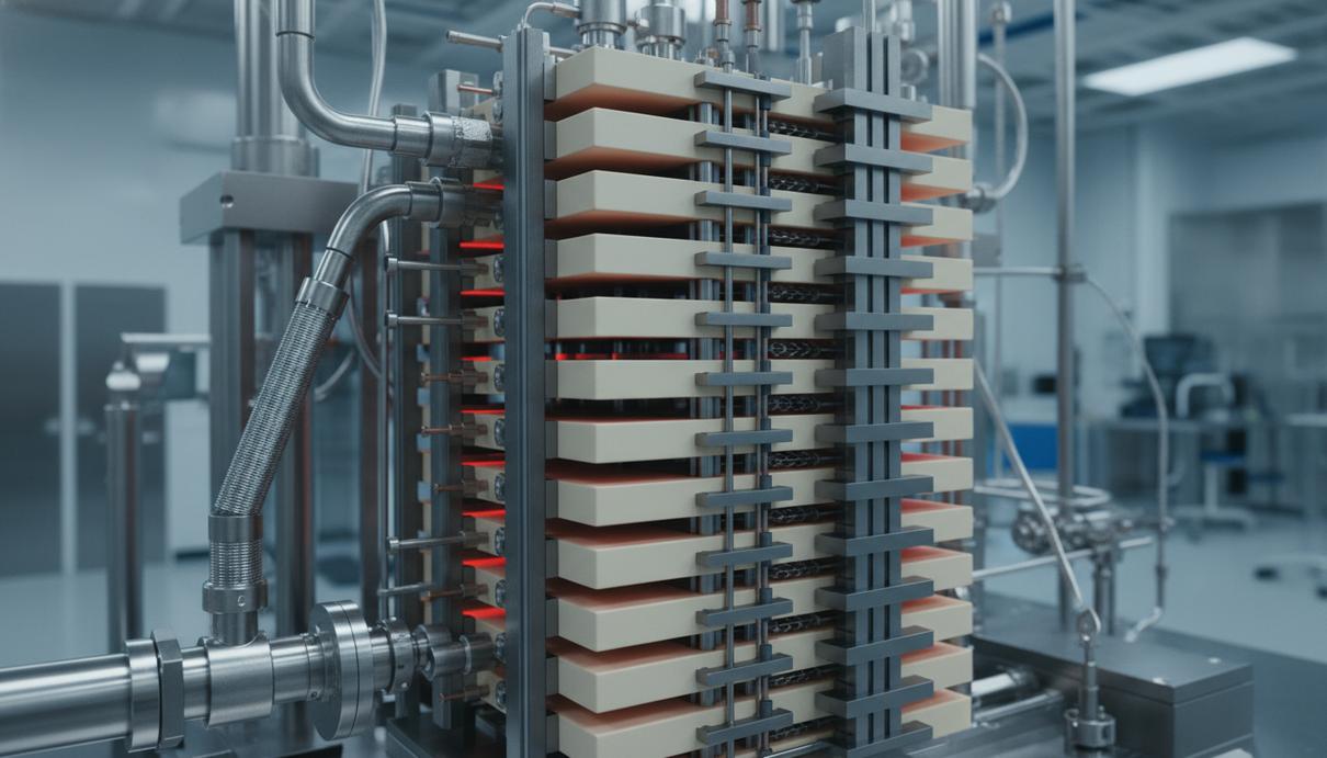 Плоские керамические ячейки и металлические детали высокотемпературного электролизера в промышленной лаборатории.