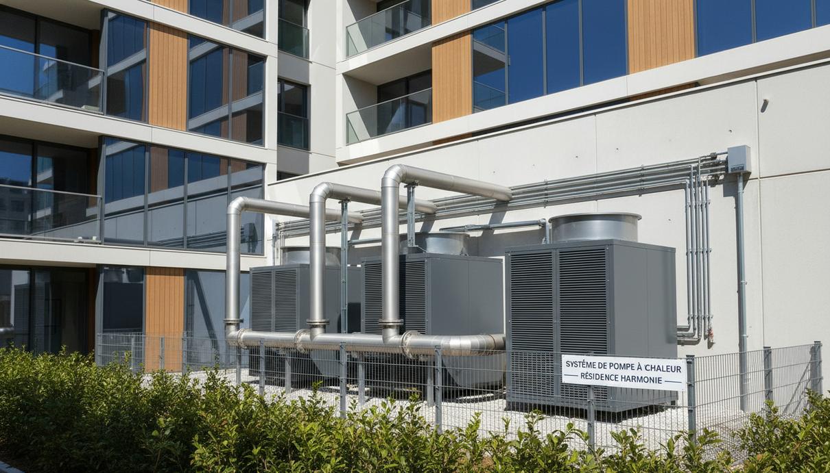 Промышленный тепловой насос с металлическими трубами и вентиляторами на фоне современного жилого комплекса в Европе.