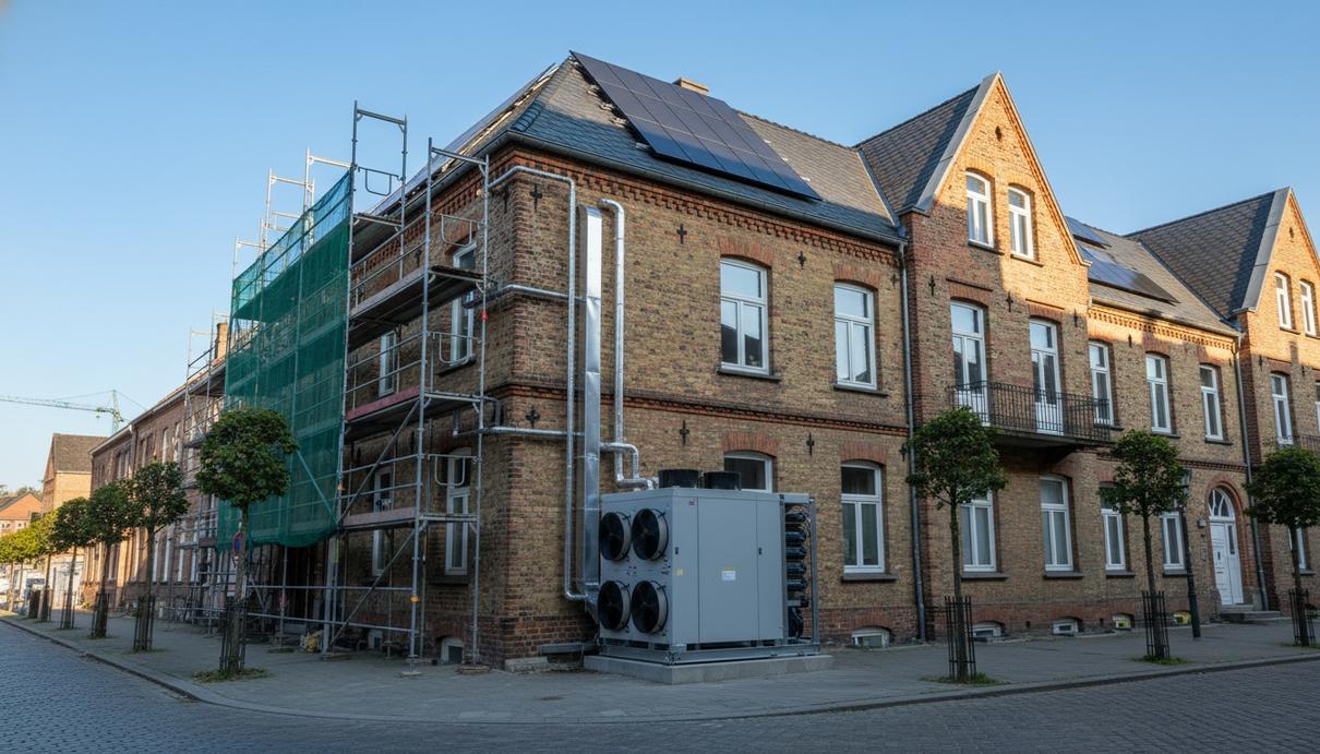 Многоквартирный дом в городе. На крыше размещены солнечные панели, у фасада установлен крупный тепловой насос.