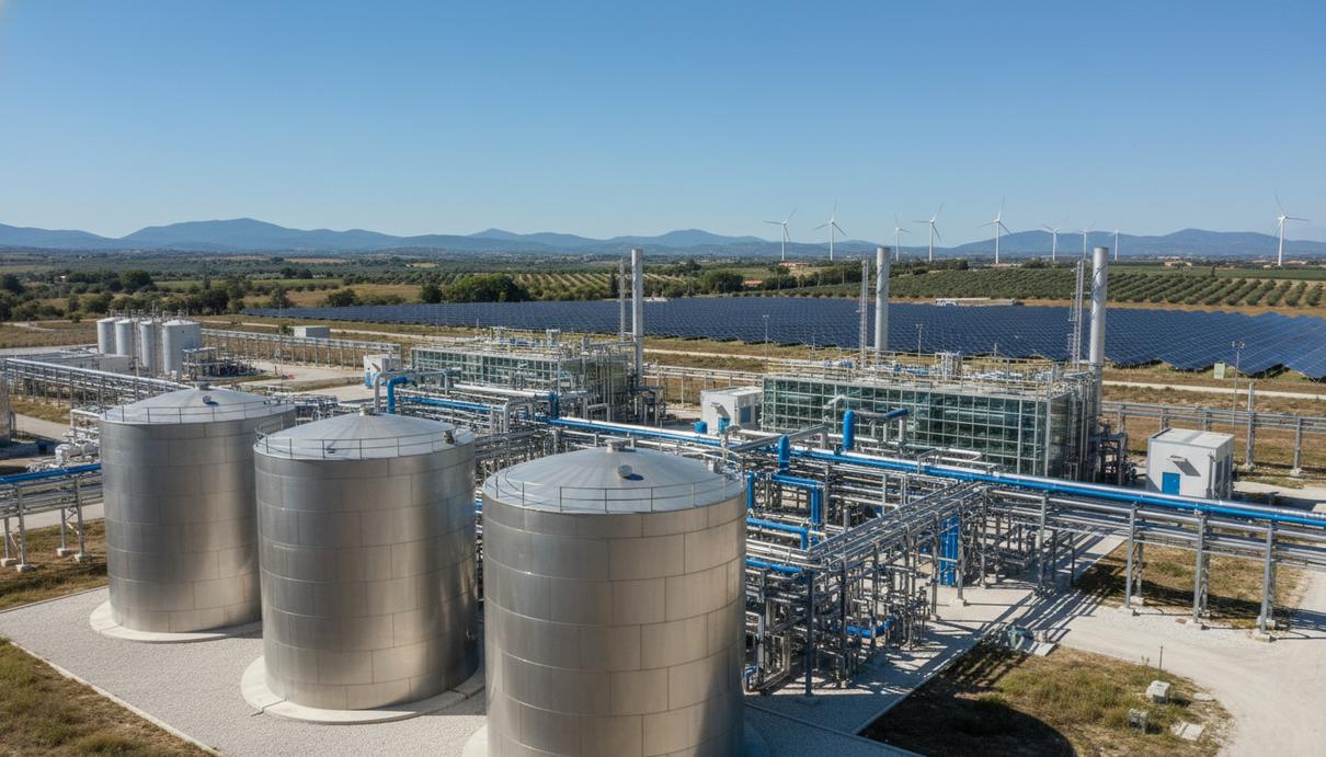 Промышленный комплекс по производству водорода с крупными металлическими резервуарами и трубопроводами под открытым небом.