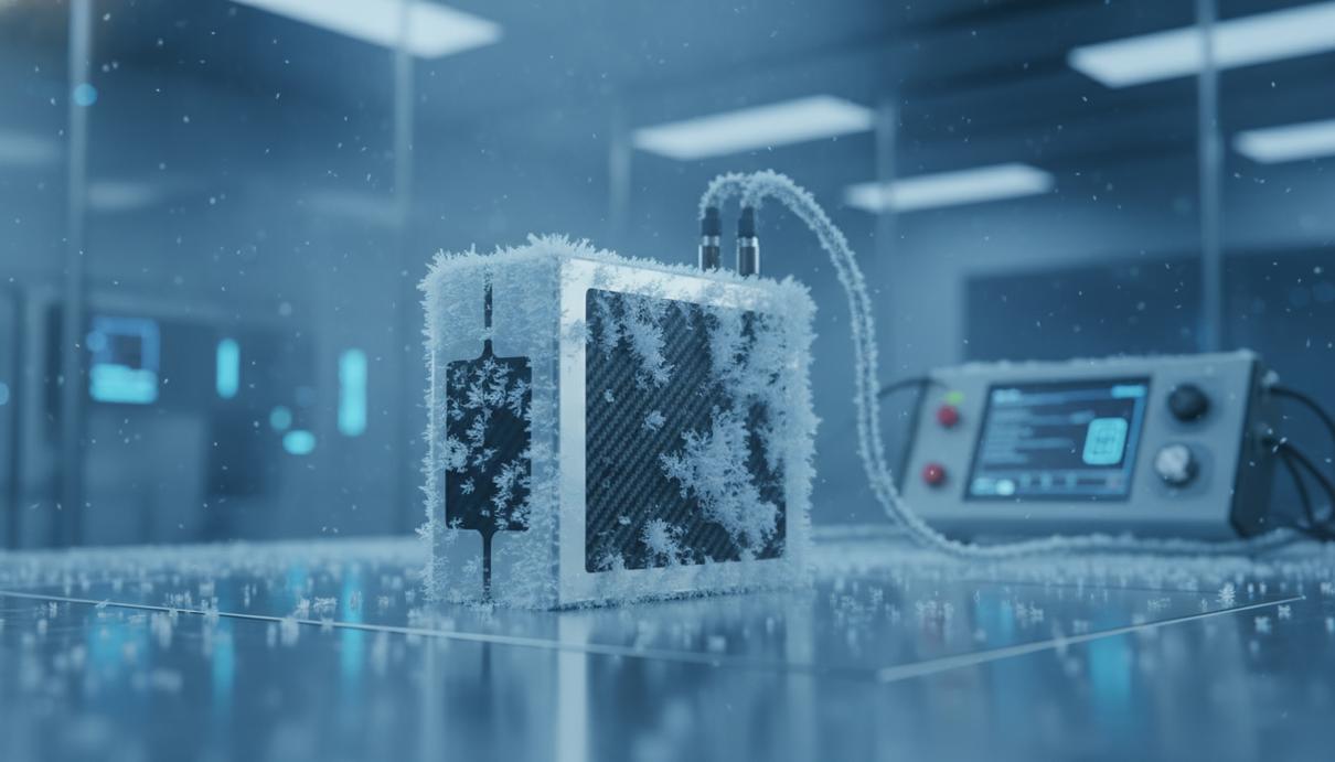 Литиевая батарея, покрытая кристаллами льда и инеем, лежит на металлическом столе в морозильной лабораторной камере.