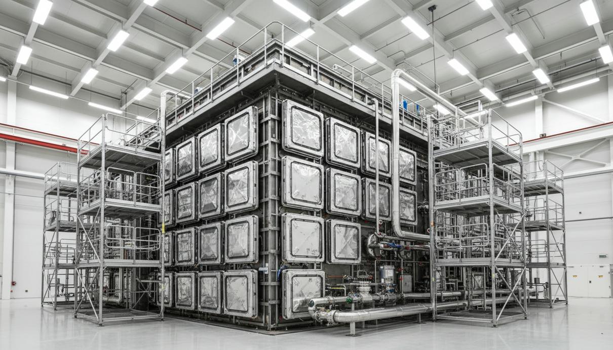 Строящийся промышленный резервуар для водорода с квадратными изоляционными панелями на внутренних стенках.