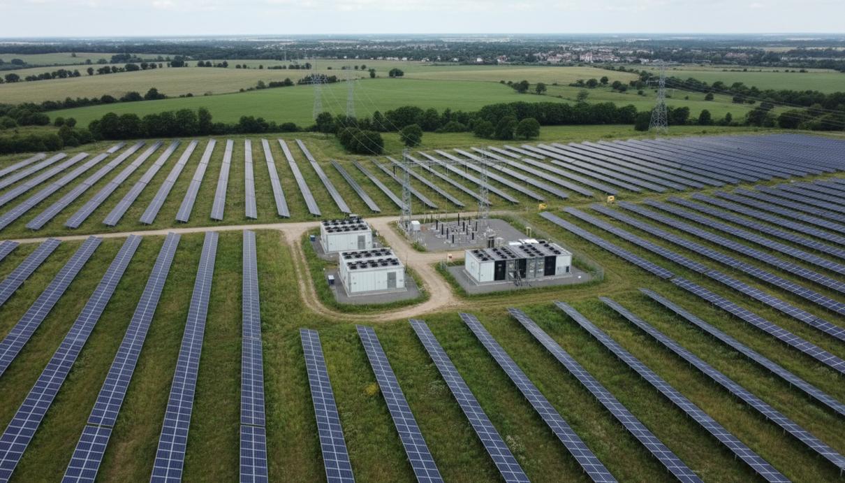 В Британии построят крупнейшую солнечную электростанцию на 800 МВт Масштабная солнечная электростанция с рядами панелей и промышленными накопителями энергии в сельской местности.
