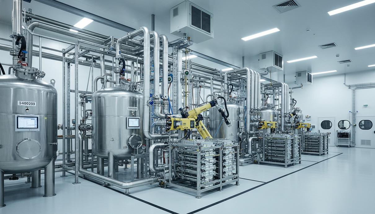 Интерьер современного завода с металлическими резервуарами, сложной системой труб и промышленным оборудованием.