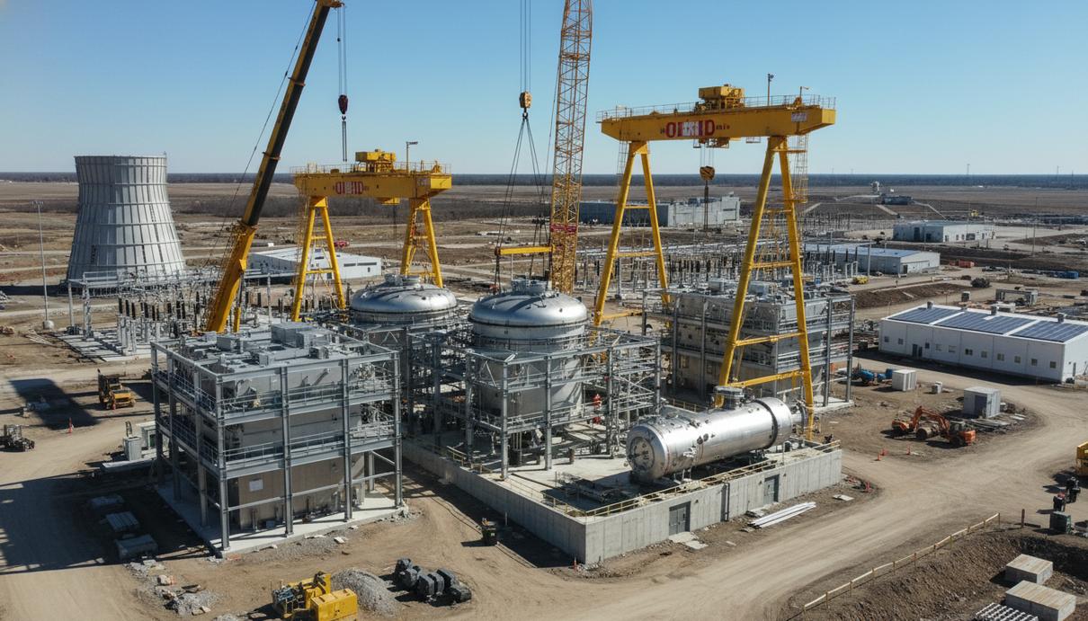 Британия запускает проектирование первых малых модульных реакторов Сборка металлических компонентов малого модульного реактора на строительной площадке энергетического объекта днем.