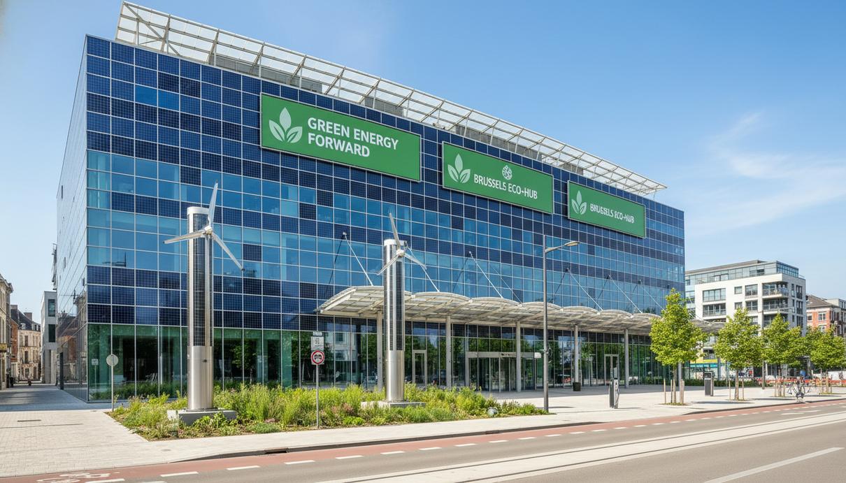 Эволюция энергополитики Европы: в Брюсселе пройдет форум EUSEW 2026 Современный конференц-центр в Брюсселе с солнечными панелями на фасаде и моделями ветряных турбин перед входом.