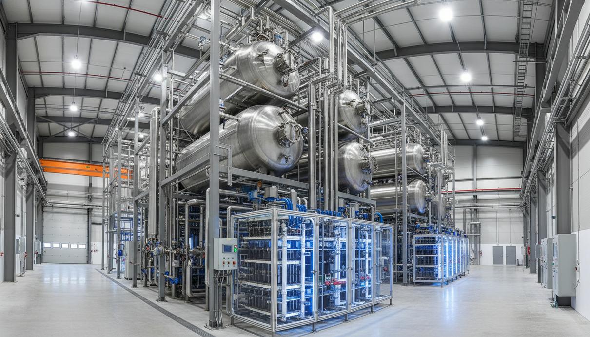 Промышленная установка для производства водорода с большими металлическими резервуарами и системой трубопроводов.