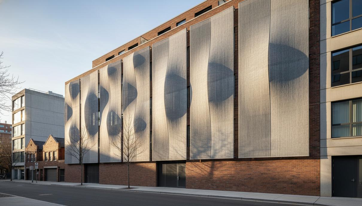 Фасад многоквартирного кирпичного дома с натянутыми на стенах тканевыми панелями, освещенными солнцем