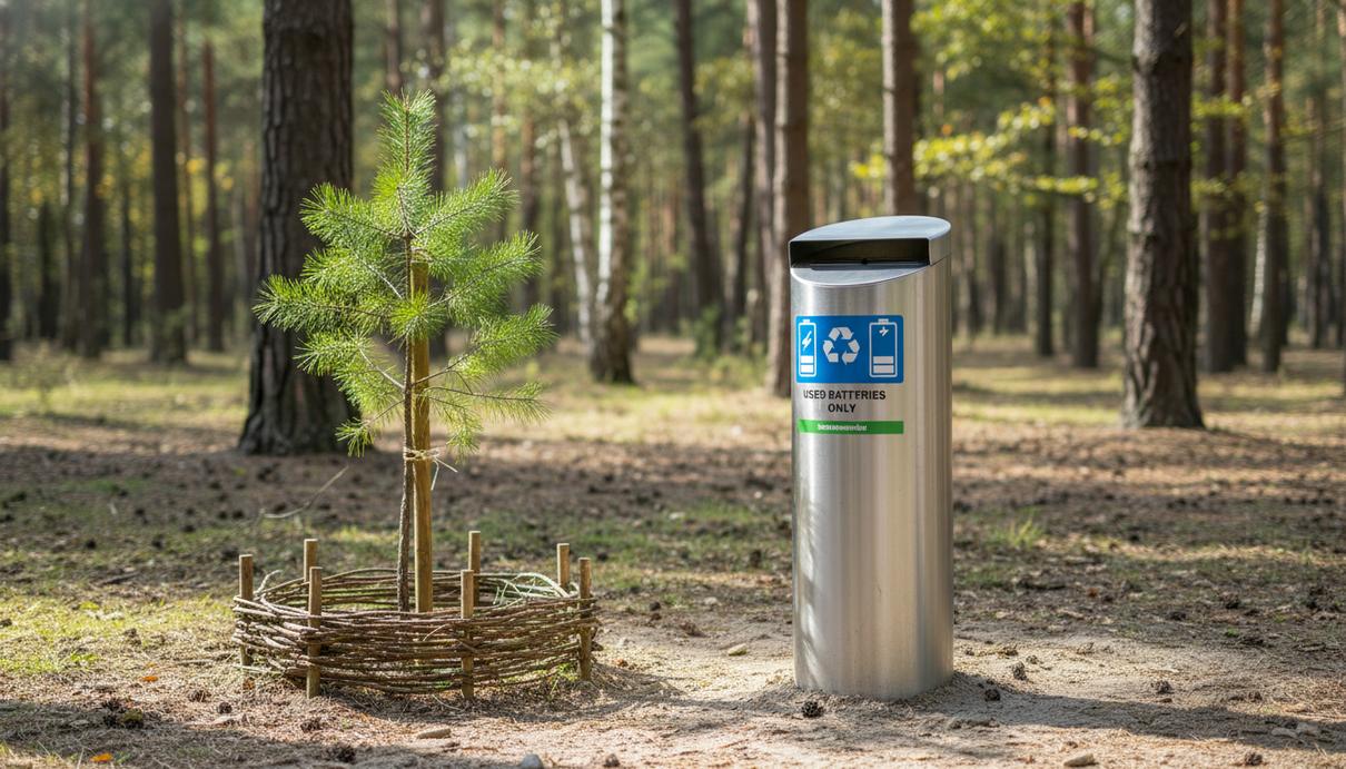 Контейнер для сбора отработанных батарей, установленный на открытом воздухе рядом с молодым саженцем сосны.
