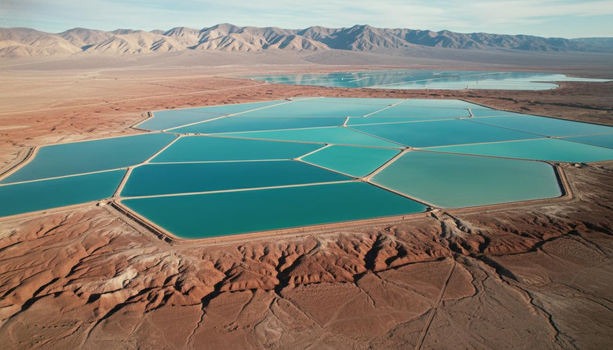 Вид сверху на бирюзовые бассейны для добычи лития, расположенные на фоне засушливого пустынного ландшафта и гор.