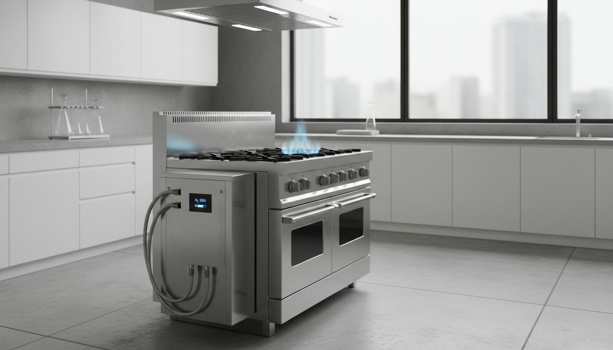 Современная металлическая кухонная плита с горящим синим пламенем и подключенным блоком в светлом интерьере кухни.