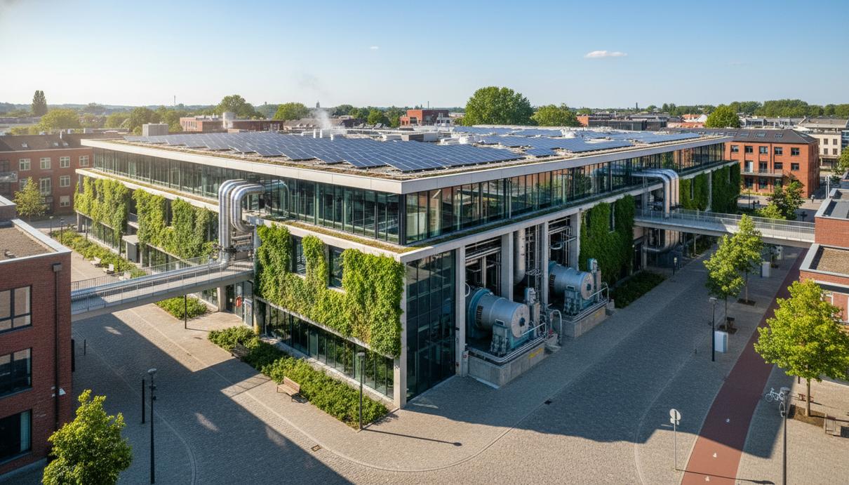 Современная станция теплоснабжения, солнечные панели и зеленые насаждения на крышах и фасадах городских зданий.