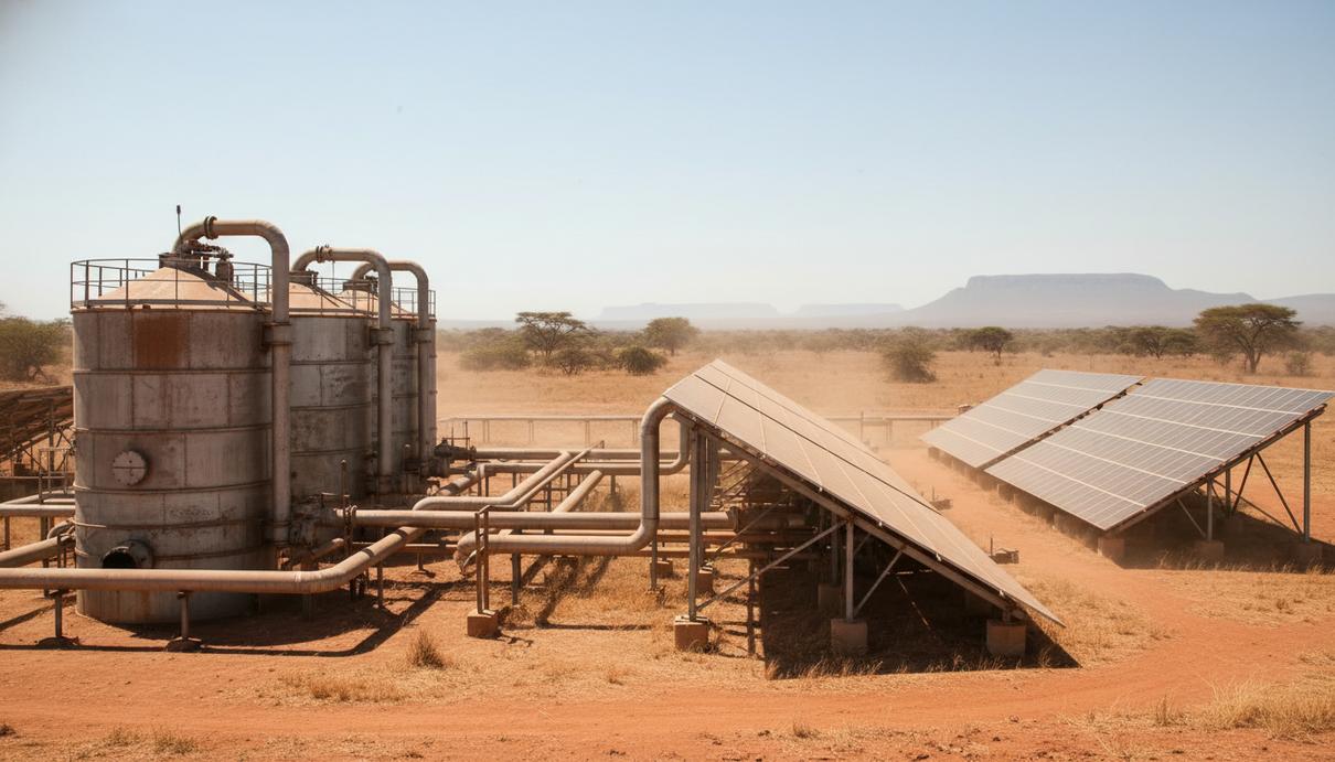Промышленная энергетическая установка с металлическими резервуарами, трубами и солнечными панелями в сухой саванне.