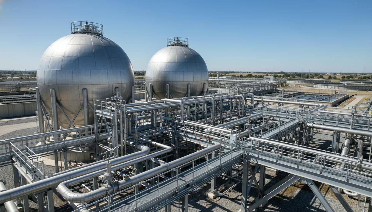 Промышленные резервуары и система трубопроводов на территории современной станции очистки сточных вод