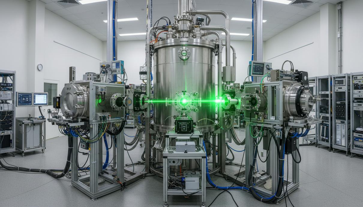 Промышленная лазерная установка с криогенной вакуумной камерой, металлическими трубами и оптическим оборудованием.