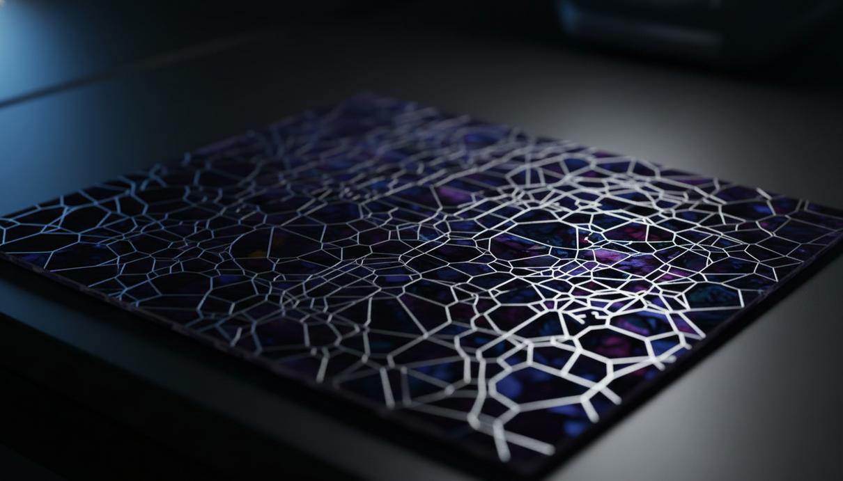 Темная кристаллическая поверхность солнечной батареи с микроскопической сетью серебристых линий на лабораторном столе.