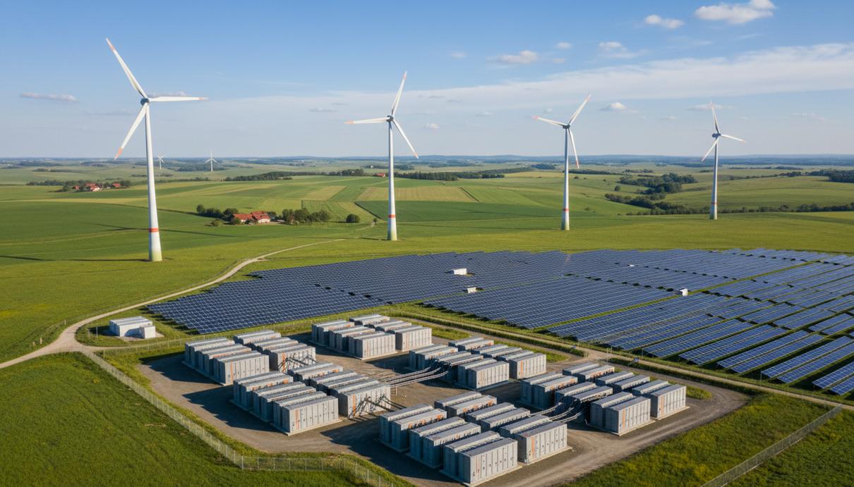 Ветрогенераторы, солнечные панели и промышленные аккумуляторные батареи на территории энергетического комплекса.