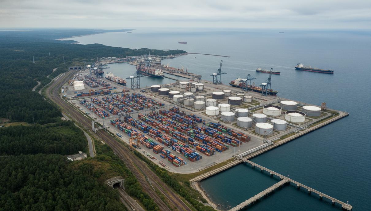 Новый нефтепровод в Канаде: конфликт экономики и климатических целей Вид сверху на крупный морской порт с нефтяными резервуарами, железнодорожными путями и грузовой инфраструктурой у леса.