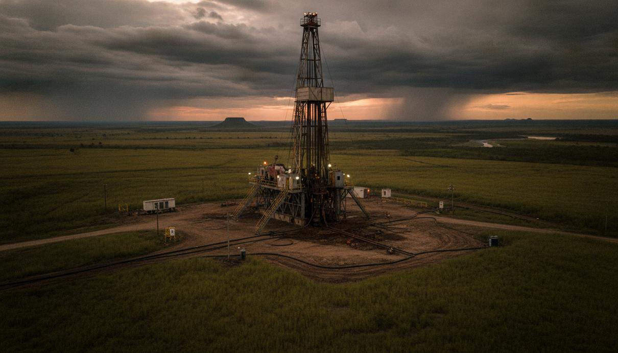 Нефтяная буровая вышка посреди обширной саванны под облачным небом