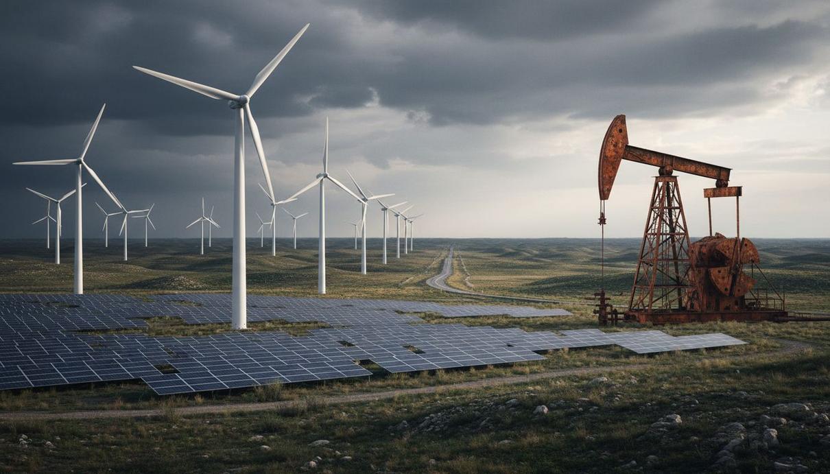 Современные ветрогенераторы и солнечные батареи на фоне старой нефтяной вышки под облачным небом.