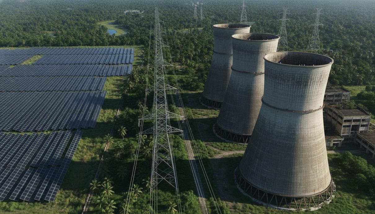 Солнечные панели, расположенные на территории старой угольной электростанции с градирнями и линиями электропередачи.