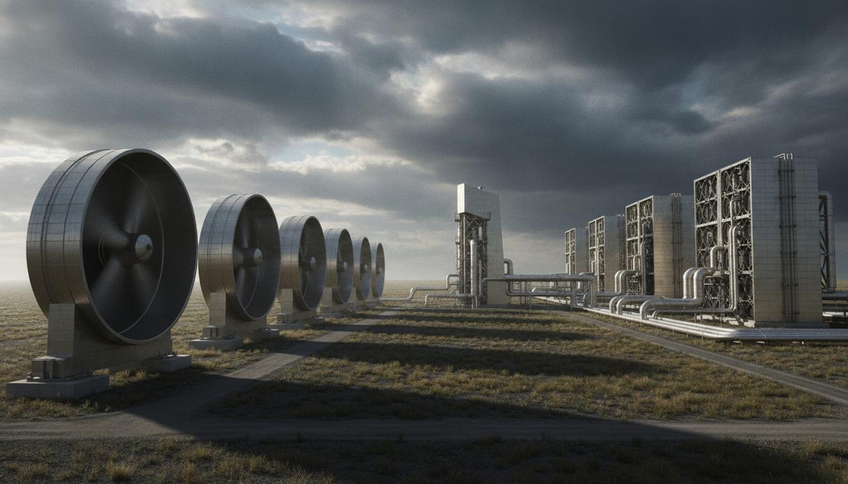 Промышленная установка прямого улавливания углекислого газа из атмосферы с большими вентиляторами на фоне неба