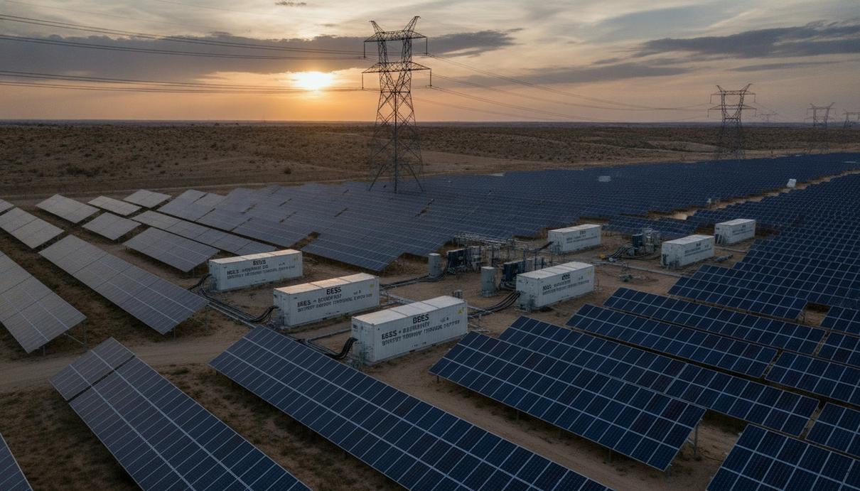 Промышленная солнечная электростанция и контейнерные накопители энергии рядом с высоковольтными линиями