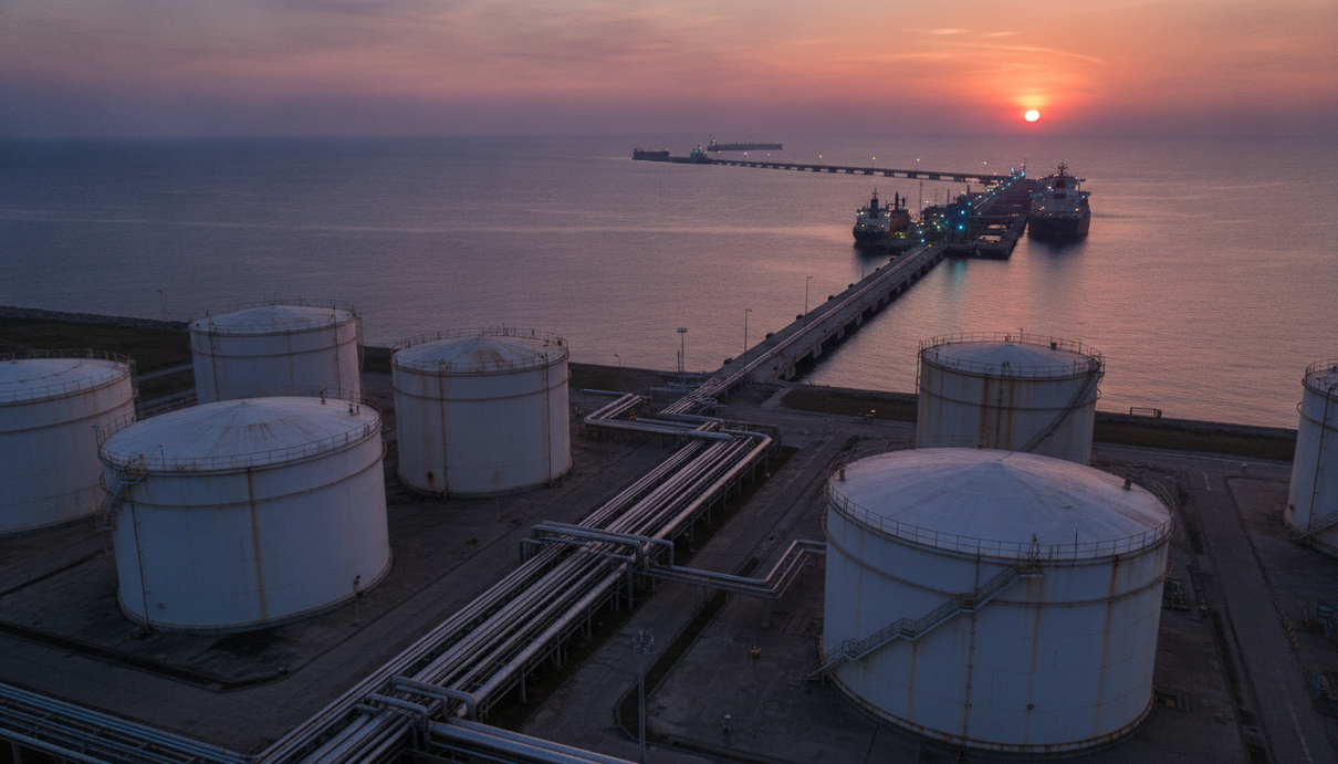 Резервуары для нефтепродуктов и трубопроводы в морском терминале на фоне вечернего неба