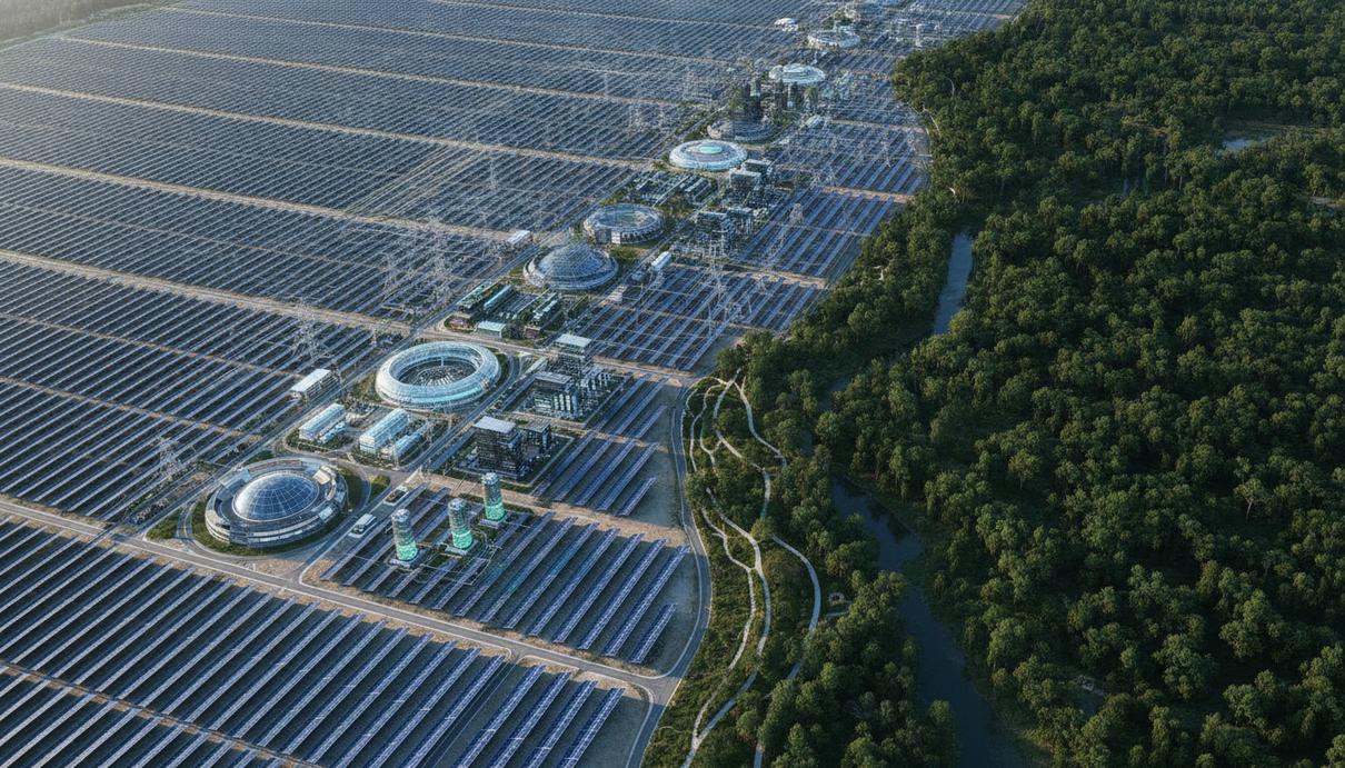 Масштабная солнечная электростанция и объекты энергетической инфраструктуры, расположенные рядом с зеленым лесом.
