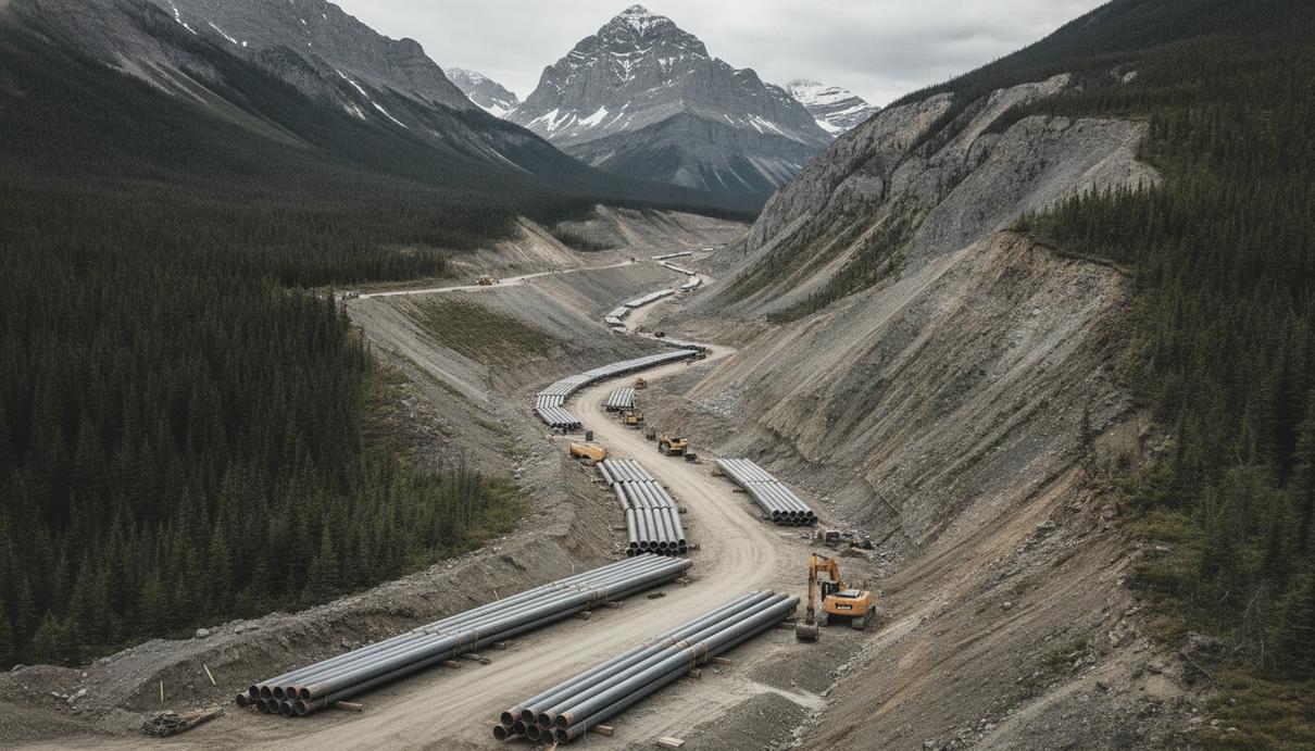 Канада ускорит согласование нефтепровода Pacific Link для поставок в Азию Строящийся магистральный нефтепровод среди заснеженных Скалистых гор в Канаде